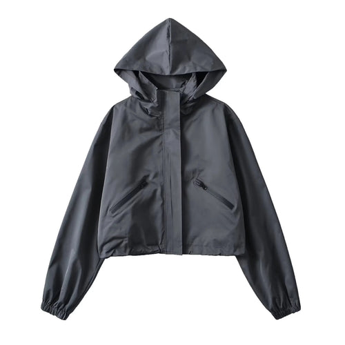 Damen Cropped Regenjacke mit Kapuze, wasserabweisender Tech‑Qualität und schrägen Reißverschlusstaschen Nord Taschen