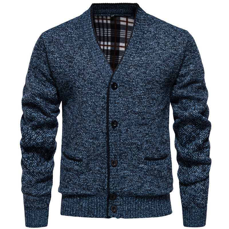 Herren Strukturierter V-Ausschnitt Strickcardigan mit kontrastierter Kante und kariertem Innenbesatz Nord Taschen