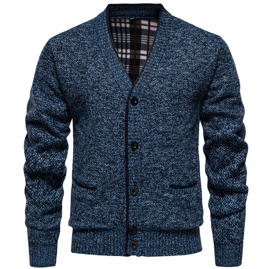 Herren Strukturierter V-Ausschnitt Strickcardigan mit kontrastierter Kante und kariertem Innenbesatz Nord Taschen