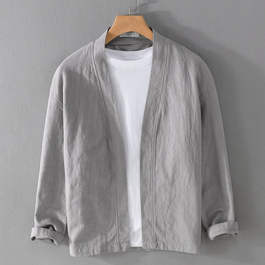 Herren Offene Leinen-Overjacket mit Kimono-Kragen und Relaxed-Fit Nord Taschen