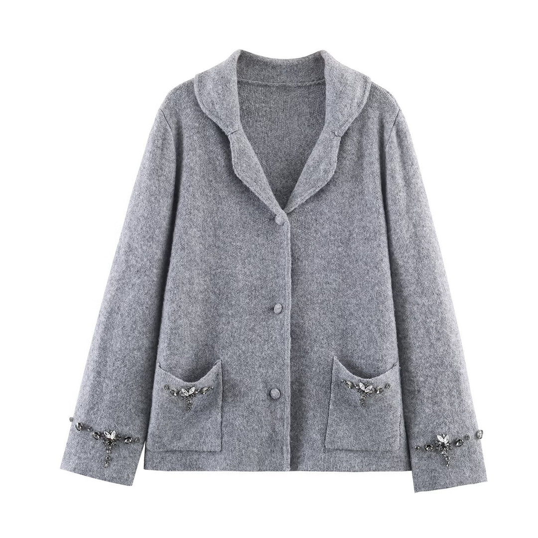 Damen Kurzer Wollmix-Cardigan-Mantel mit Schalkragen und Schmucksteinapplikationen Nord Taschen
