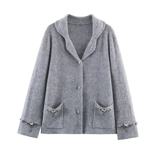 Damen Kurzer Wollmix-Cardigan-Mantel mit Schalkragen und Schmucksteinapplikationen Nord Taschen