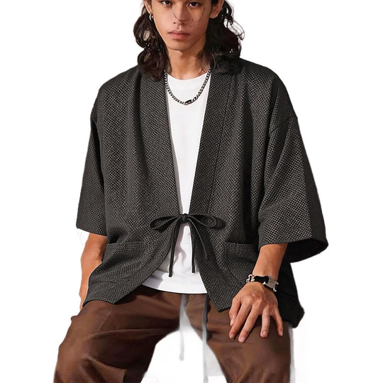 Herren Lockerer Kimono-Cardigan aus strukturierter Baumwollmischung mit kurzem Ärmel und Bindeband Nord Taschen