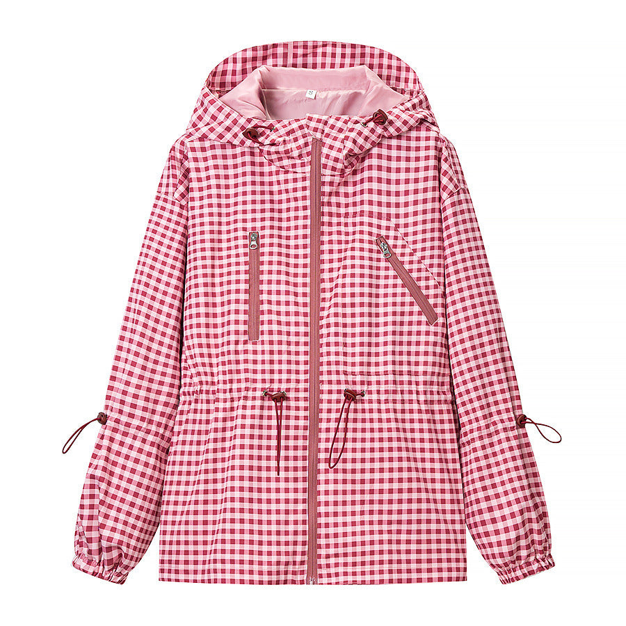 Damen Leichte Kapuzenjacke im Karo-Muster mit Tunnelzug und Reißverschlusstaschen Nord Taschen