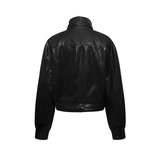 Damen kurze doppeltknöpfte Lederjacke mit Stehkragen und Taillengürtel Nord Taschen