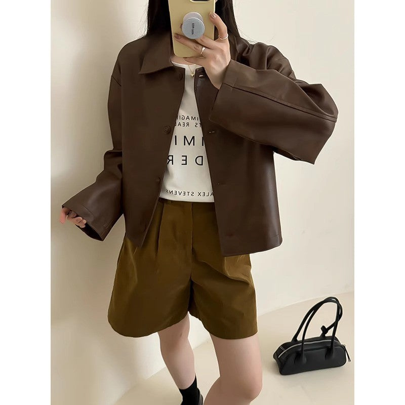 Damen Boxy‑Kunstleder‑Hemdjacke mit verdeckter Knopfleiste und überschnittenen Schultern Nord Taschen