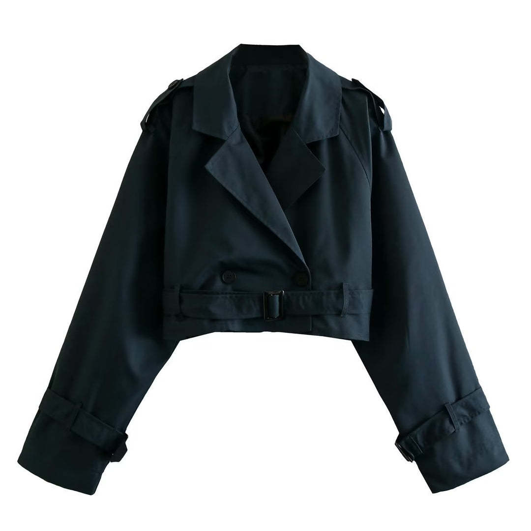 Damen kurzgeschnittene Trenchjacke mit Epauletten, Taillengürtel und verstellbaren Manschetten Nord Taschen