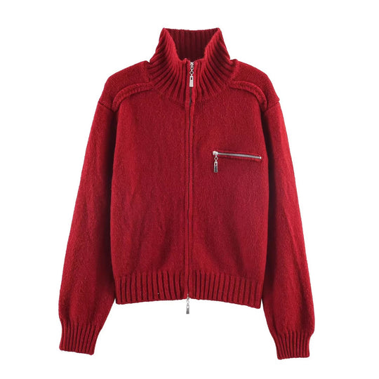 Damen Grobgestrickte Reißverschluss‑Strickjacke mit hohem Rippkragen und Brusttasche Nord Taschen
