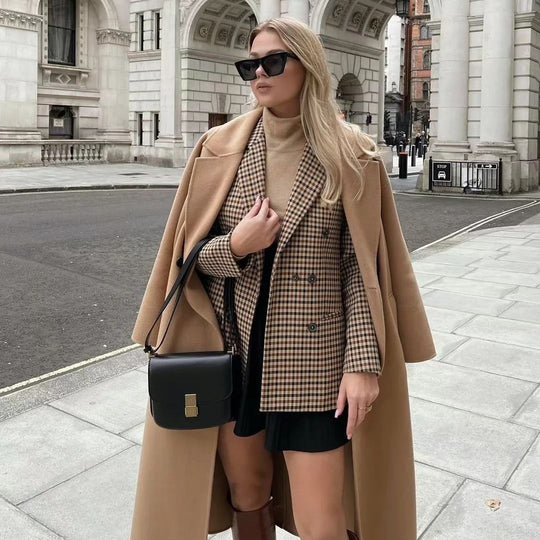Damen Doppelreihiger Wollmix-Blazer im Glencheck/Hahnentritt mit leicht boxy Schnitt Nord Taschen