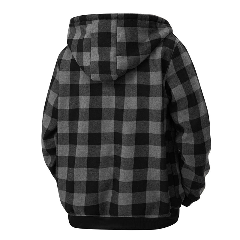 Herren Kariierte Sherpa-gefütterte Kapuzenjacke mit Reißverschluss und Rippbündchen Nord Taschen
