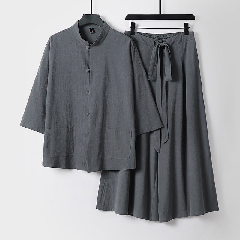 Damen Zweiteiliges Leichtes Lounge-Set mit Stehkragen, Kurzarm-Jacke und weitem Palazzo-Hosenrock Nord Taschen