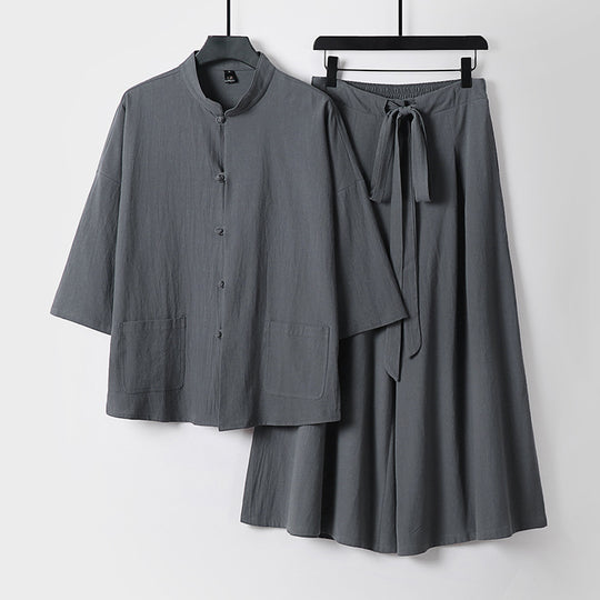 Damen Zweiteiliges Leichtes Lounge-Set mit Stehkragen, Kurzarm-Jacke und weitem Palazzo-Hosenrock Nord Taschen