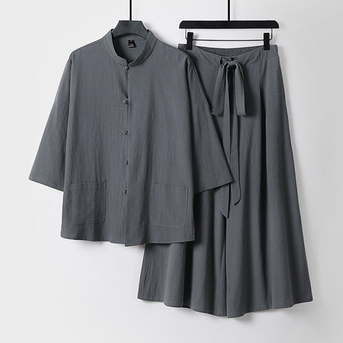 Damen Zweiteiliges Leichtes Lounge-Set mit Stehkragen, Kurzarm-Jacke und weitem Palazzo-Hosenrock Nord Taschen