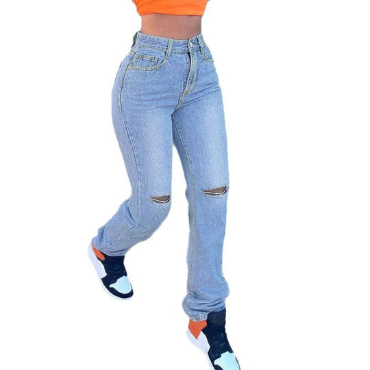 Damen hochtaillierte Jeans mit geradem Bein, Knie‑Rips und gestapeltem Saum Nord Taschen