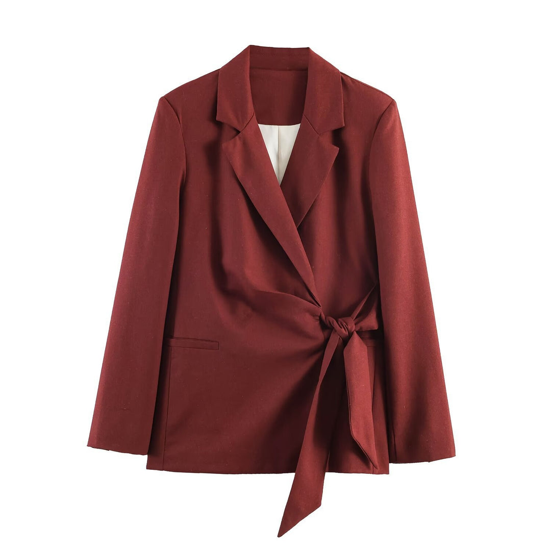 Damen Taillierter Wickelblazer mit Reverskragen und Bindegürtel Nord Taschen