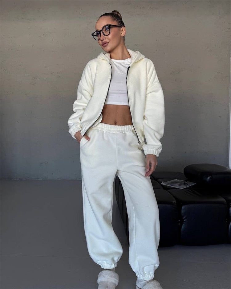 Damen kuscheliges Fleece-Hoodie und Jogginghose Lounge-Set mit Reißverschluss Kapuze elastischem Bund Nord Taschen