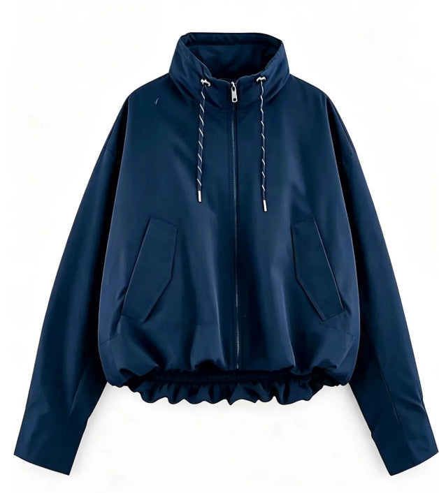 Damen Oversize Cropped Kapuzenjacke mit durchgehendem Reißverschluss, Kordelzug und gerafftem Saum Nord Taschen