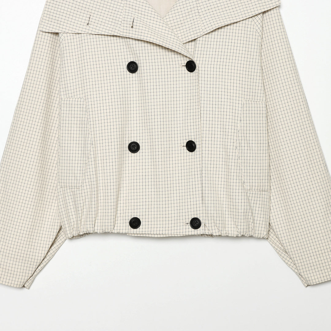 Damen Cropped Kurztrenchjacke mit weitem Schalkragen, Karo‑Gitterprint und elastischem Saum Nord Taschen