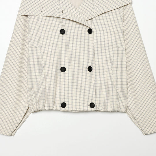 Damen Cropped Kurztrenchjacke mit weitem Schalkragen, Karo‑Gitterprint und elastischem Saum Nord Taschen