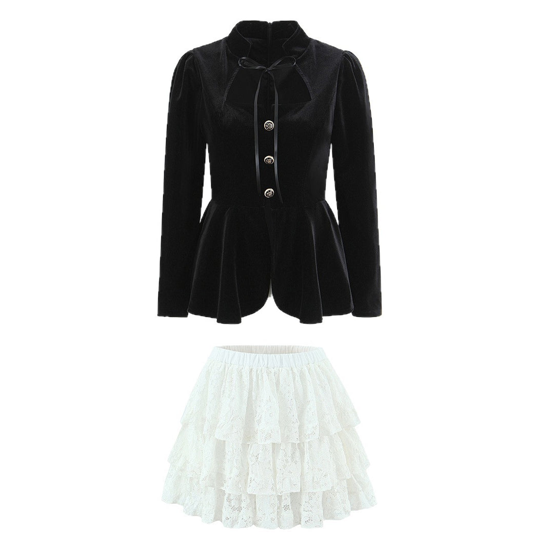 Damen Zweiteiliges Samt‑Schößchenblazer und Stufen‑Spitzenrock Set Nord Taschen