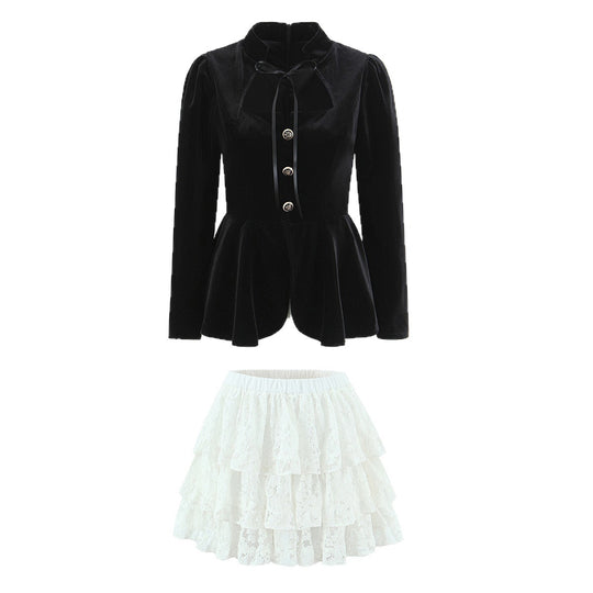 Damen Zweiteiliges Samt‑Schößchenblazer und Stufen‑Spitzenrock Set Nord Taschen