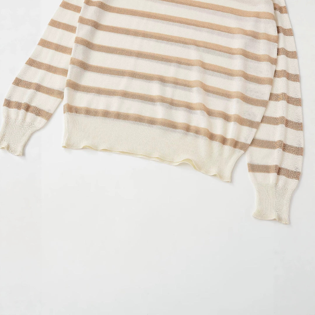 Damen Feinstrickpullover mit Lurex-Streifen und Rundhalsausschnitt Nord Taschen