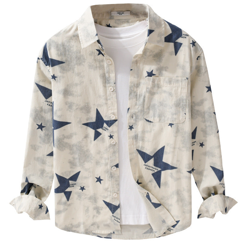 Herren Lockeres Baumwoll-Blend Overshirt mit Stern-Print und Brusttasche Nord Taschen
