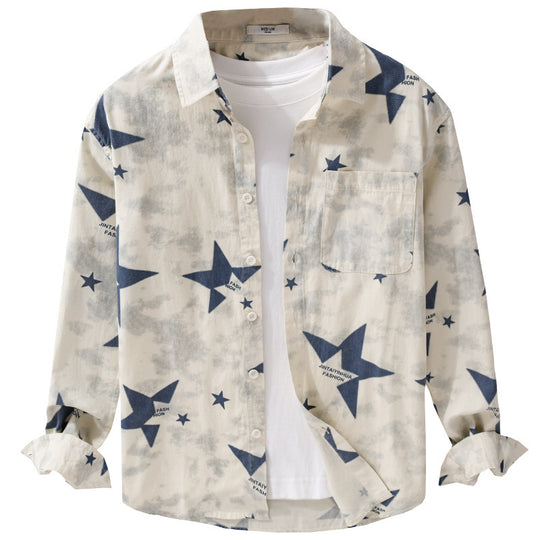 Herren Lockeres Baumwoll-Blend Overshirt mit Stern-Print und Brusttasche Nord Taschen