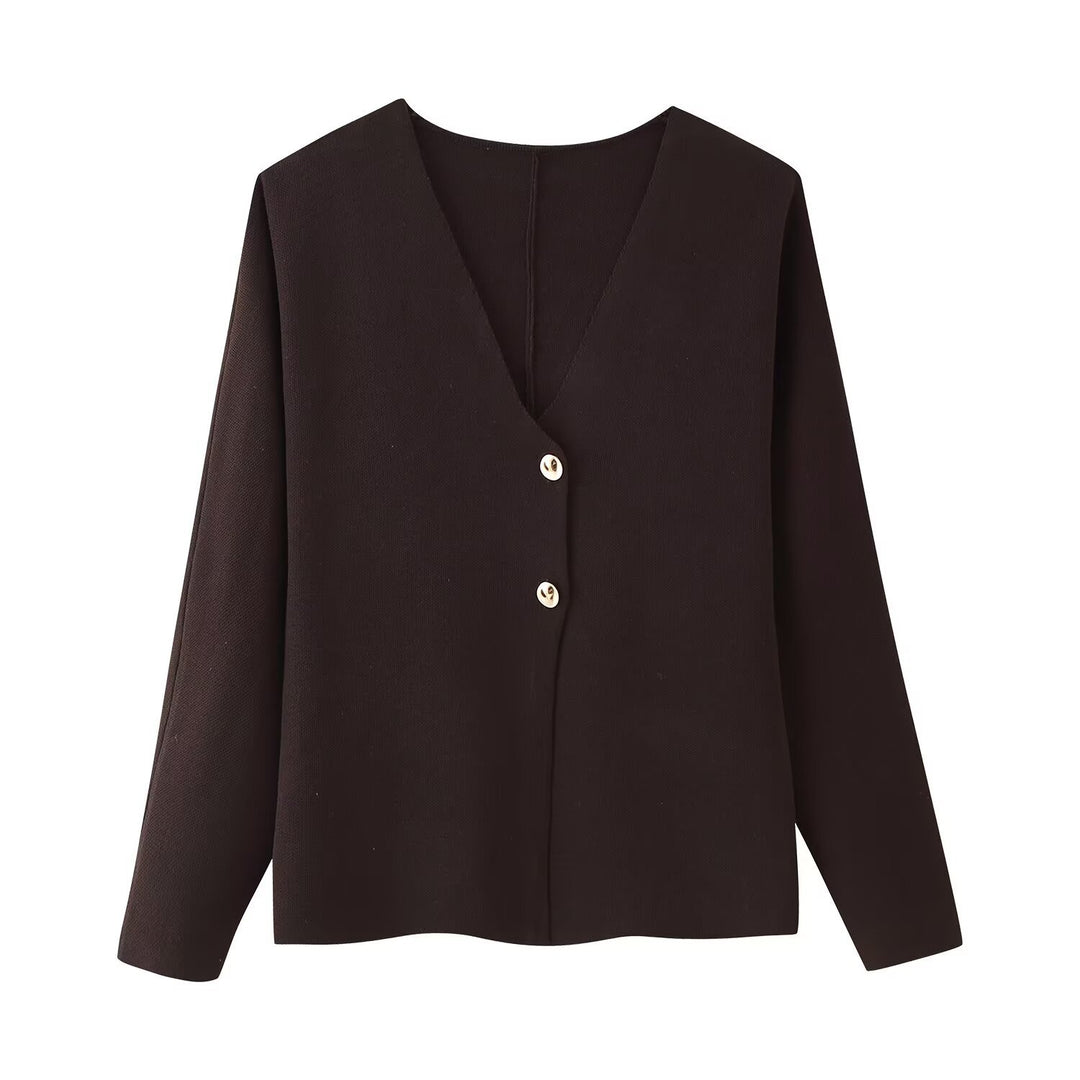 Damen Kastige Feinstrick-Jacke mit tiefem V-Ausschnitt und goldenen Zierknöpfen Nord Taschen