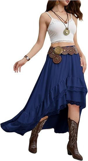 Damen Boho Maxi-Rock mit asymmetrischem Saum und Spitzenverzierungen