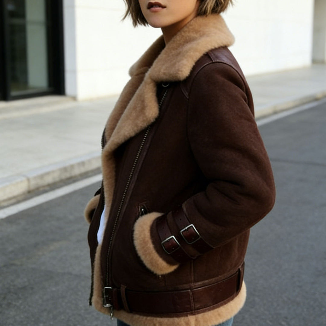 Damen Kurze Fliegerjacke mit Teddyfutter, weichem Lammfellkragen und Reißverschluss Nord Taschen