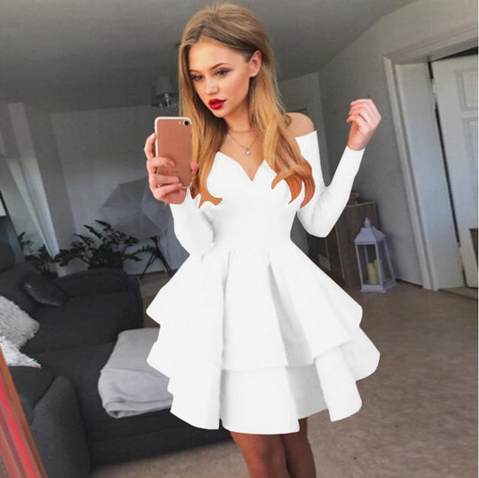 Damen Verspieltes schulterfreies Cocktailkleid mit Volants und tiefem V-Ausschnitt - Arvani