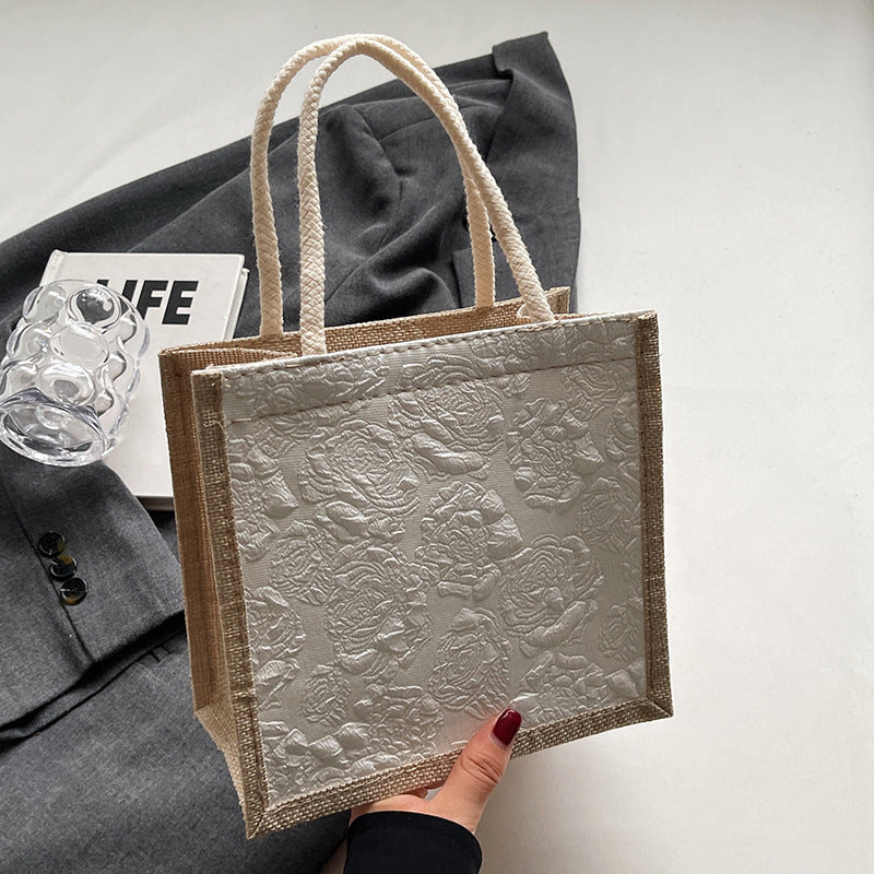 Damen Jute-Tasche mit elegantem Blütenmuster und praktischem Knopfverschluss Nord Taschen