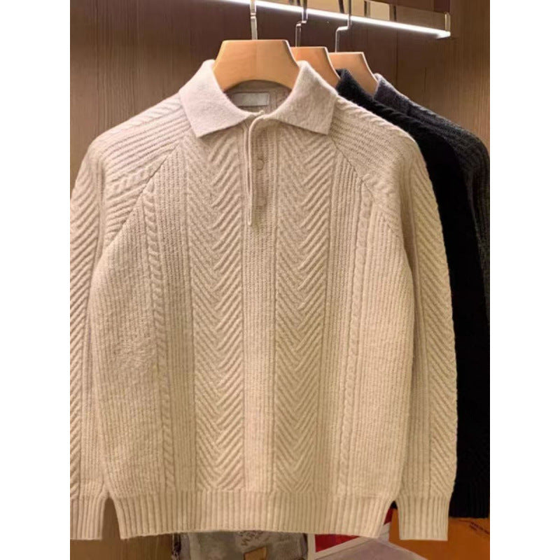 Herren Feinstrick-Polopullover mit halber Knopfleiste und Zopfmuster Nord Taschen