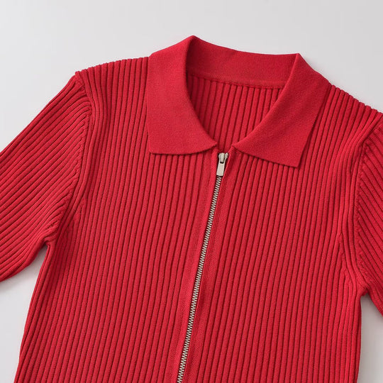 Damen Gerippte kurzärmelige Strickjacke mit durchgehendem Reißverschluss und Polokragen Nord Taschen
