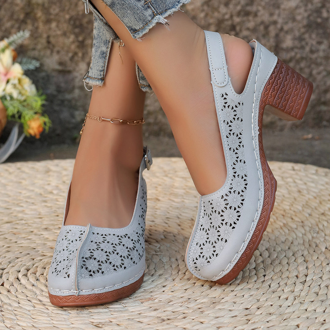 Damen  elegante Slingback-Pumps mit floralem Laser-Cut, gepolsterter Komfortinnensohle und stabilem Blockabsatz Nord Taschen