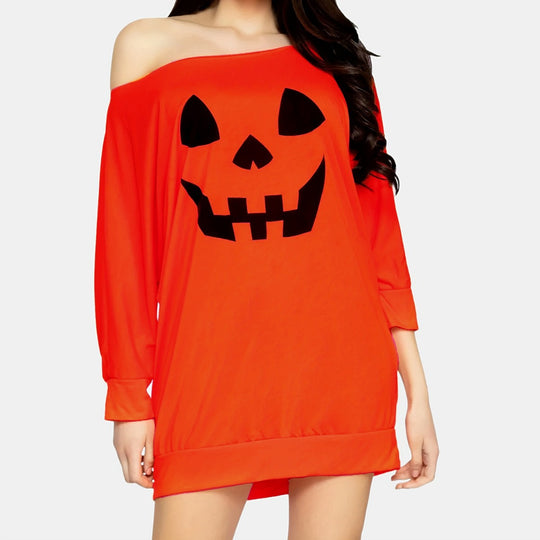 Damen Oversize Off-Shoulder Strickpullover mit Halloween-Kürbismotiv Nord Taschen