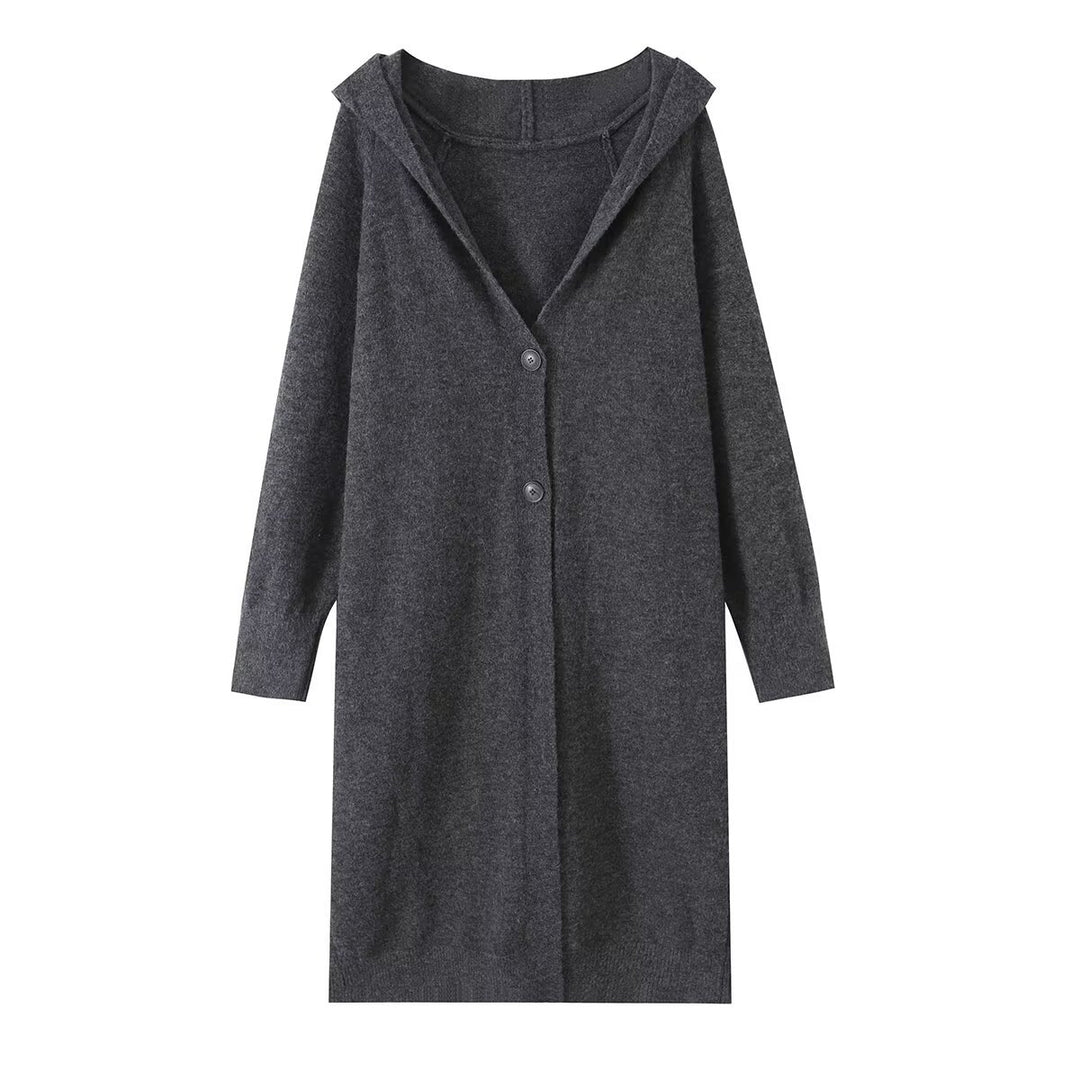 Damen Lange Kapuzen-Strickjacke mit durchgehender Knopfleiste und gerippten Bündchen Nord Taschen