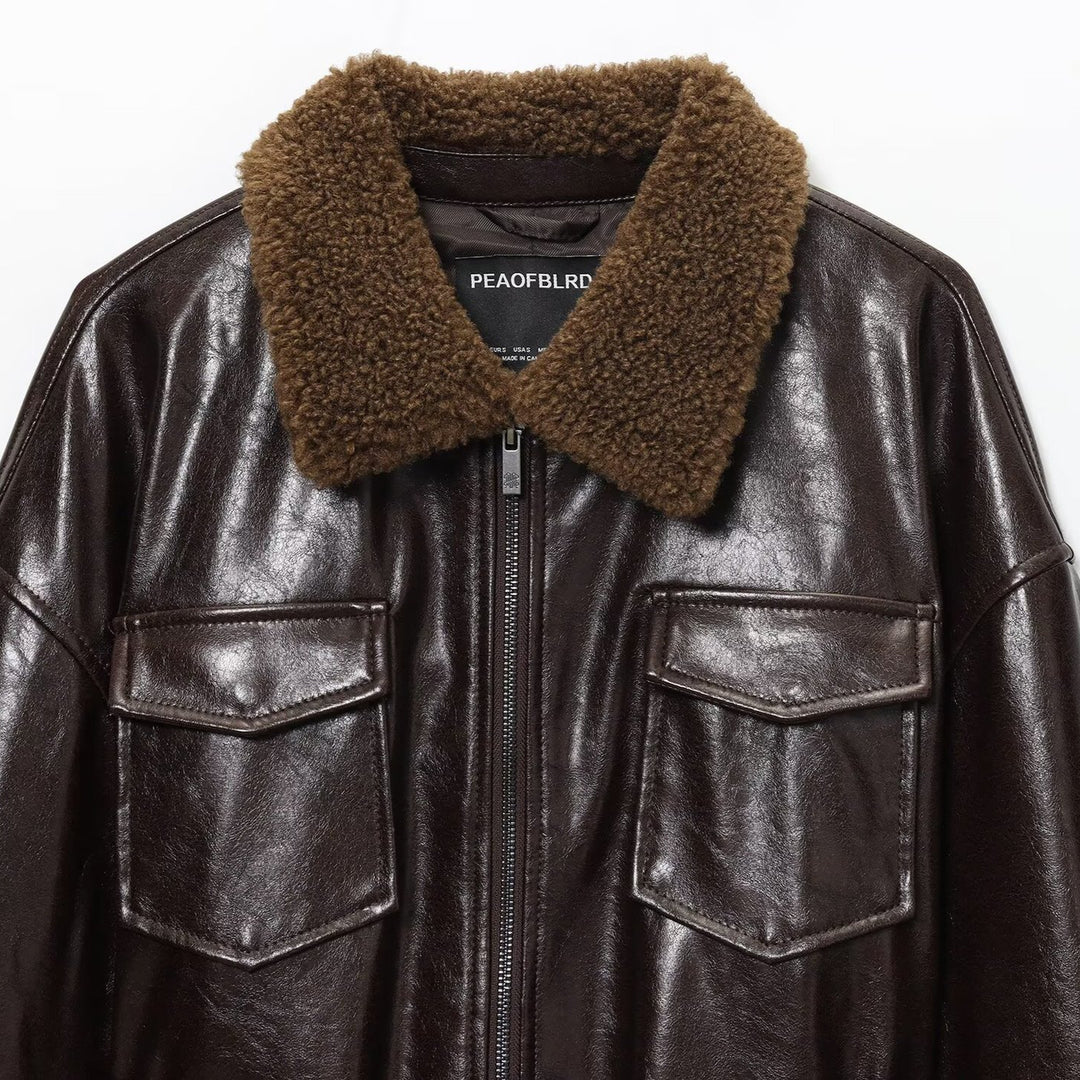 Damen Oversized Lederimitat-Jacke mit Teddykragen und Taillengürtel Nord Taschen
