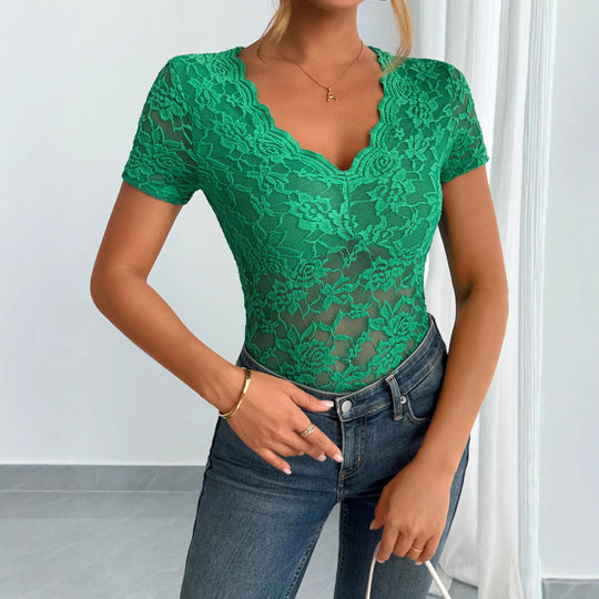 Damen Einfarbig Sexy Spitze V-Ausschnitt Kurzarm