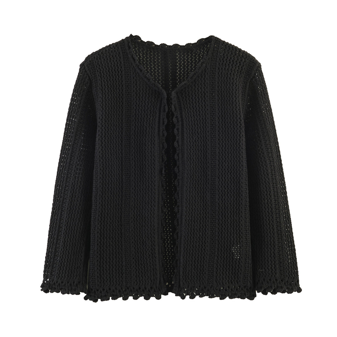 Damen Offener Häkel-Cardigan mit V-Ausschnitt und Wellenkante Nord Taschen
