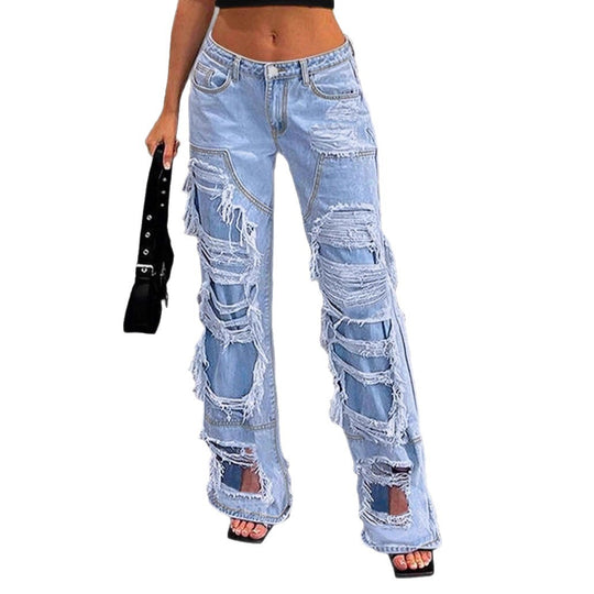 Damen hochgeschnittene stark zerstörte Denim-Jeans mit weitem Bein und dekorativen Nahtpaneelen Nord Taschen