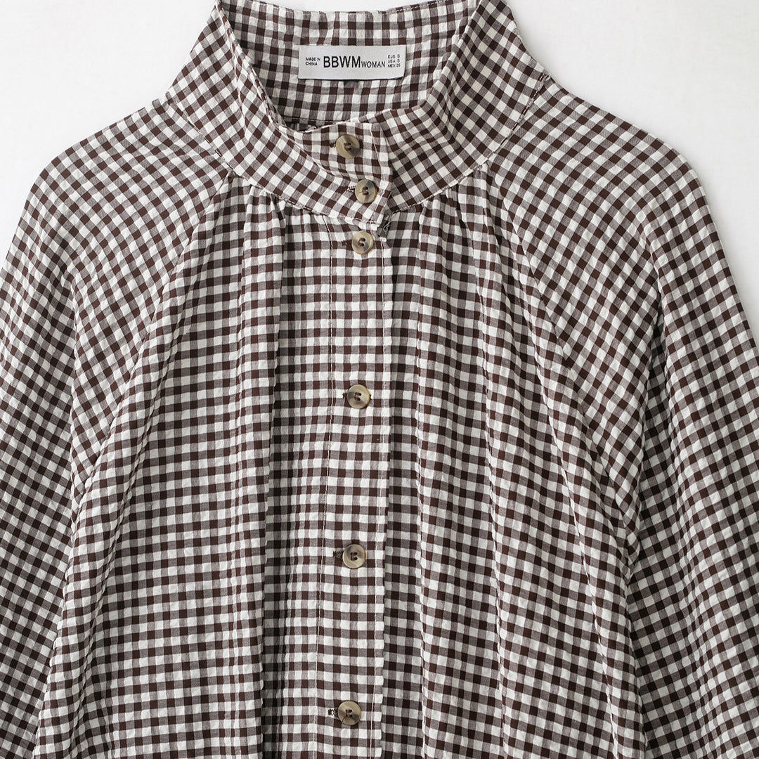 Damen Karo-Bluse mit Stehkragen, Knopfleiste und Tunnelzug-Saum Nord Taschen