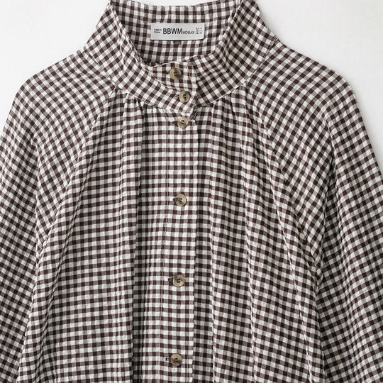 Damen Karo-Bluse mit Stehkragen, Knopfleiste und Tunnelzug-Saum Nord Taschen