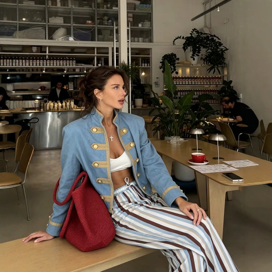 Damen Kurzblazer im Offiziersstil mit goldenen Zierleisten und Stehkragen Nord Taschen