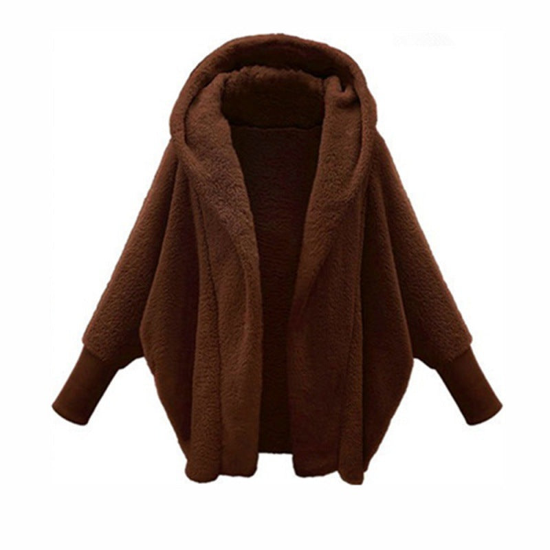 Damen Kuscheliger Oversize-Kapuzencardigan aus Teddyfleece mit Fledermausärmeln Nord Taschen