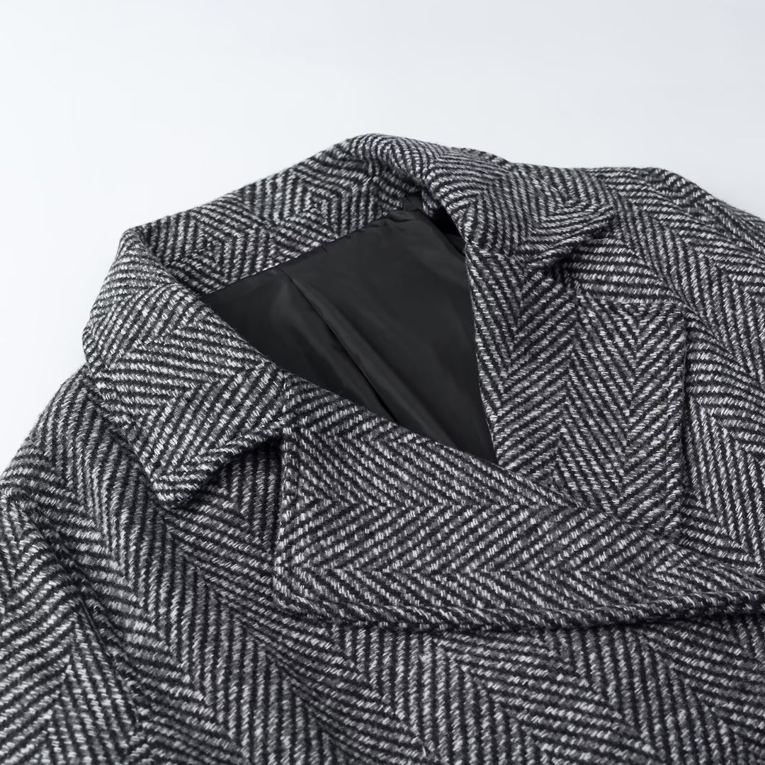 Damen Kurze Doppelreihige Fischgrät-Tweedjacke mit Reverskragen Nord Taschen