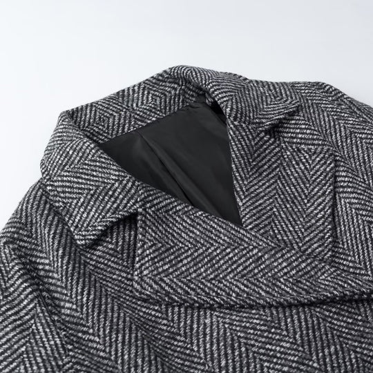 Damen Kurze Doppelreihige Fischgrät-Tweedjacke mit Reverskragen Nord Taschen