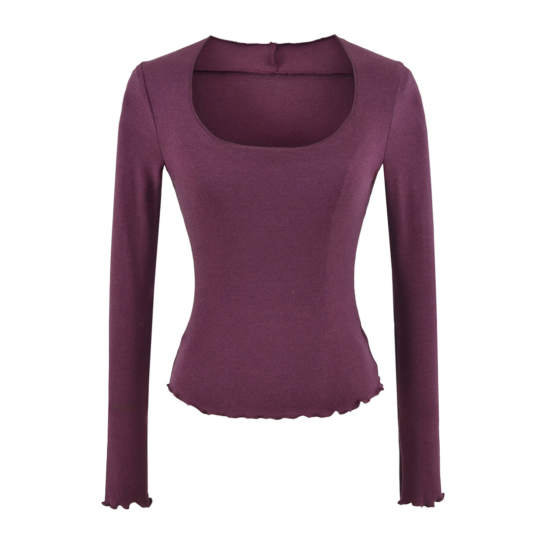 Damen Figurbetontes Langarm-Feinstrickshirt mit quadratischem Ausschnitt und Wellensaum Nord Taschen