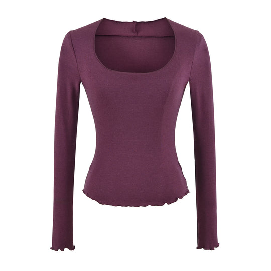 Damen Figurbetontes Langarm-Feinstrickshirt mit quadratischem Ausschnitt und Wellensaum Nord Taschen